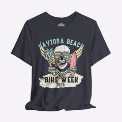 Black t-shirt with a skull graphic and 'Daytona Beach Bike Week 2026' text on a gray background
