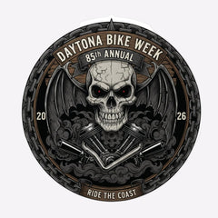 Daytona Bike Week logo with skull and motorcycle engine design on a white background