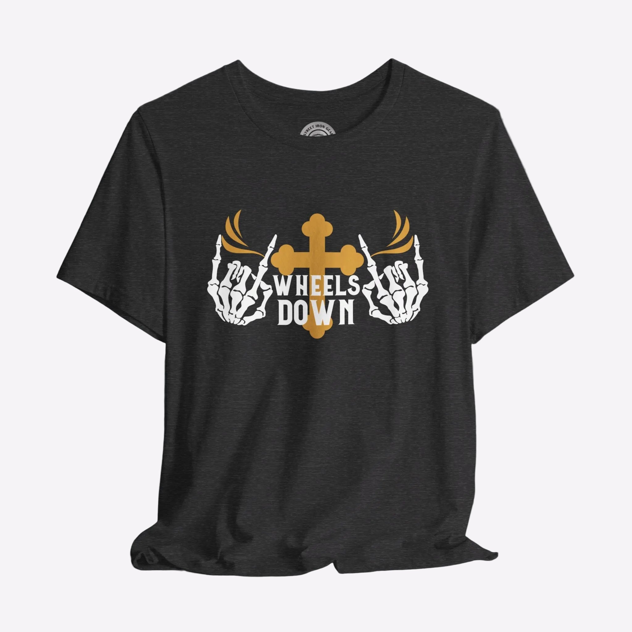 A black crew neck t-shirt with a graphic print of skeleton hands, a gold cross, and the text 'Wheels Down'.