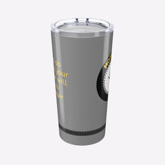 Gray tumbler with text and a design on a white background
