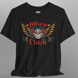Black t-shirt with a colorful skull design and 'Biker Chick' text on a gray background
