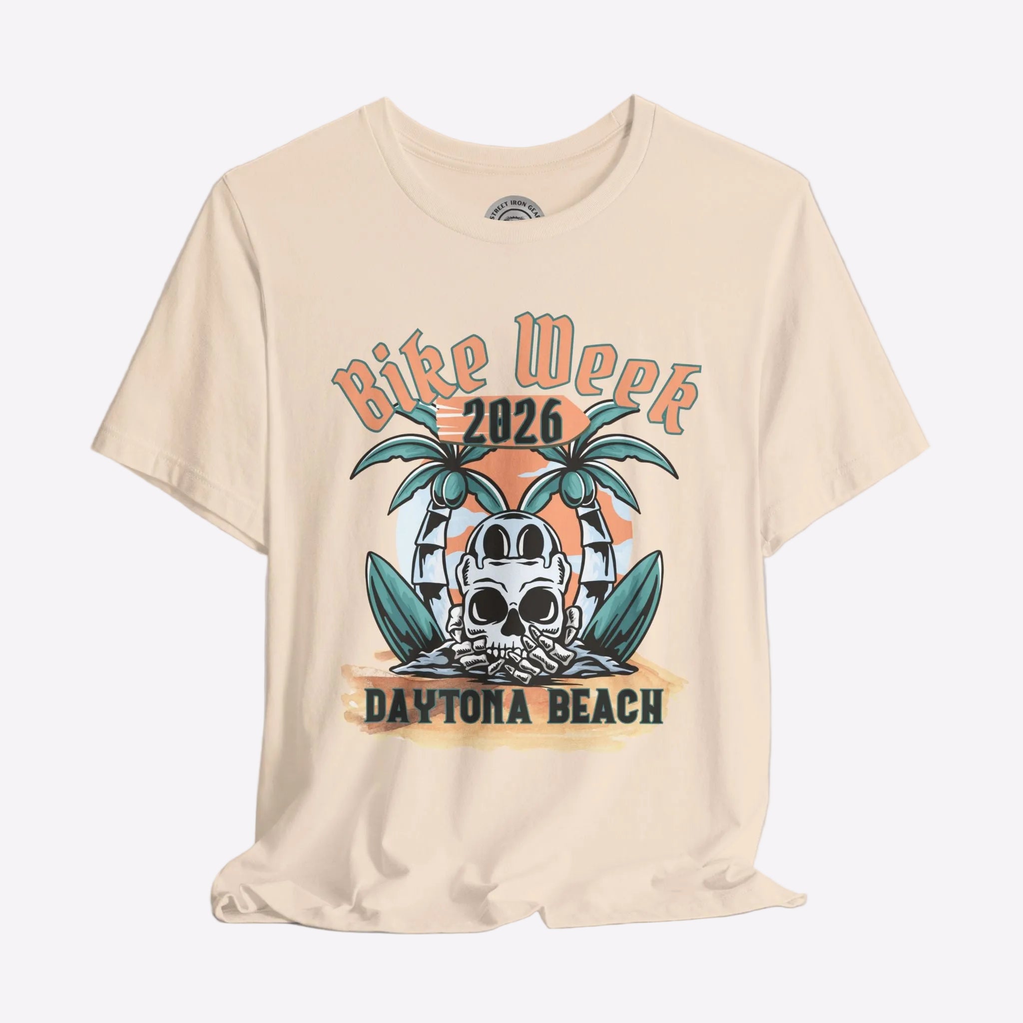 Beige t-shirt with 'Bike Week 2026 Daytona Beach' graphic design on a gray background