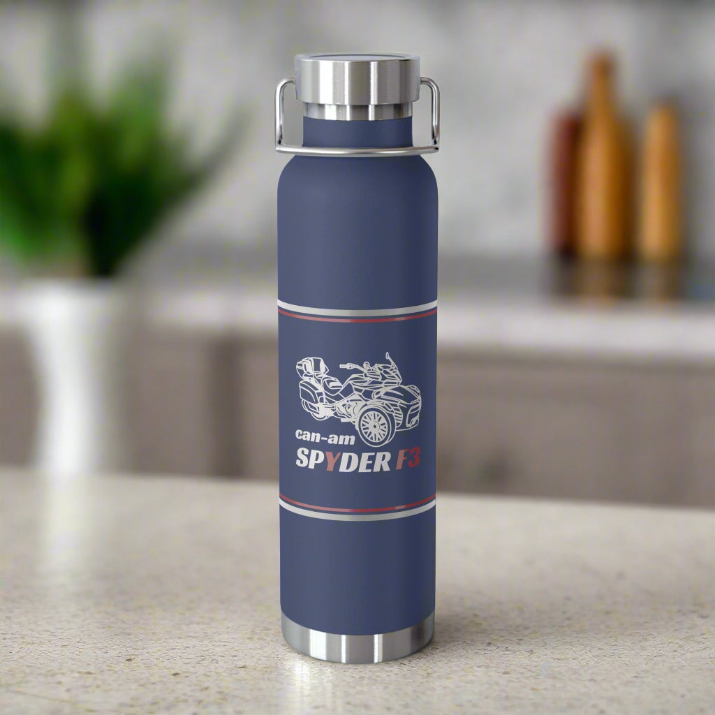 Blue water bottle with Can-Am Spyder F3 logo on a white background