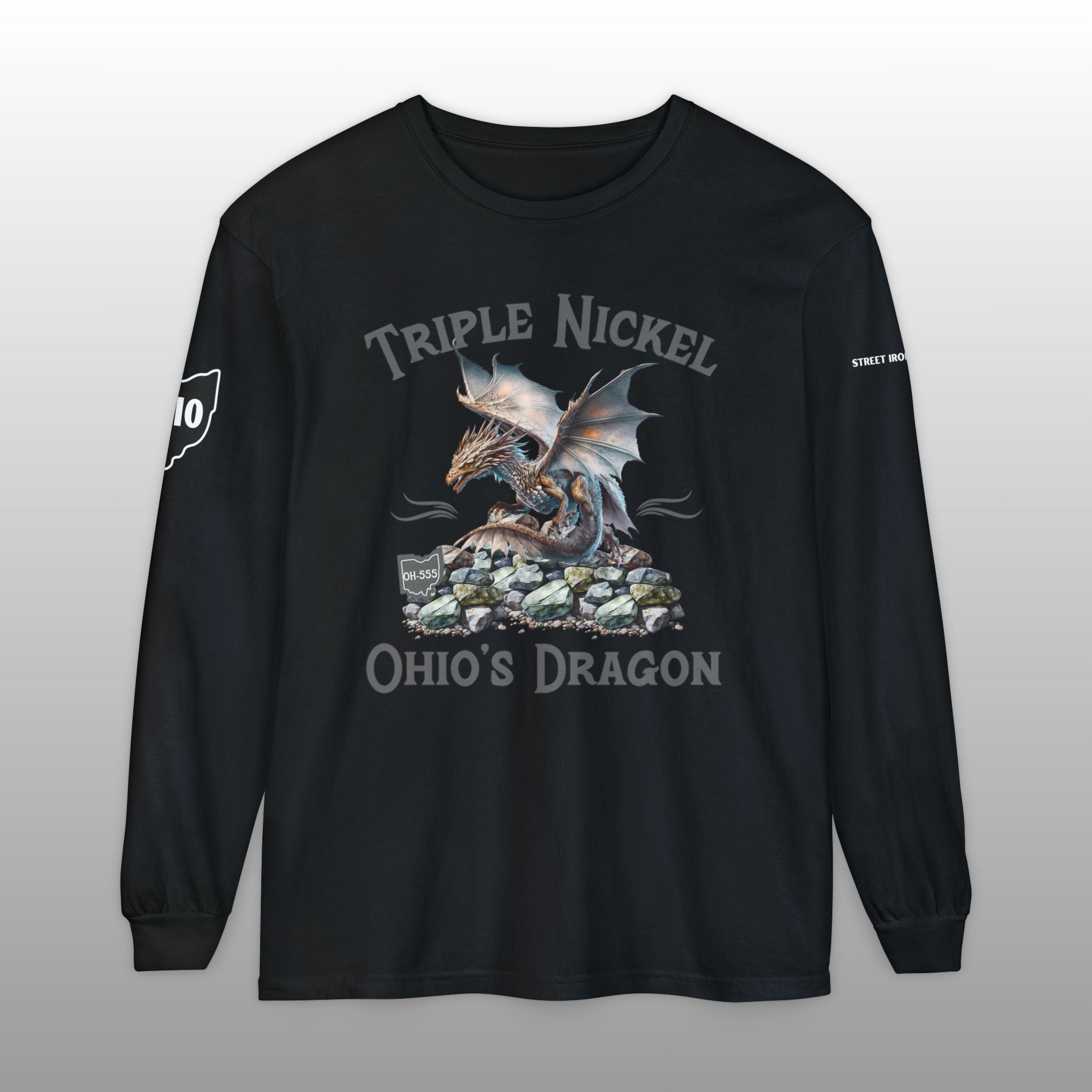 Black long-sleeve shirt with 'Triple Nickel Ohio's Dragon' design on a gray background