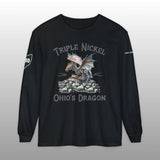 Black long-sleeve shirt with 'Triple Nickel Ohio's Dragon' design on a gray background