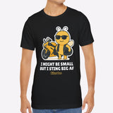 Man wearing a black t-shirt with a cartoon bee design and text on a white background