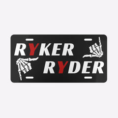 Black license plate with 'RYKER' and 'RYDER' text and skeleton hand designs on a white background