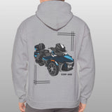 Person wearing a gray hoodie with a graphic of a vehicle on the back against a plain background