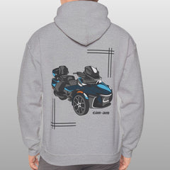 Person wearing a gray hoodie with a graphic of a vehicle on the back against a plain background