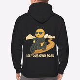 Person wearing a black hoodie with a bee graphic and text on the back, on a white background
