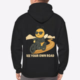Person wearing a black hoodie with a bee graphic and text on the back, on a white background
