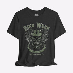 Black t-shirt with 'Bike Week' graphic design on a gray background