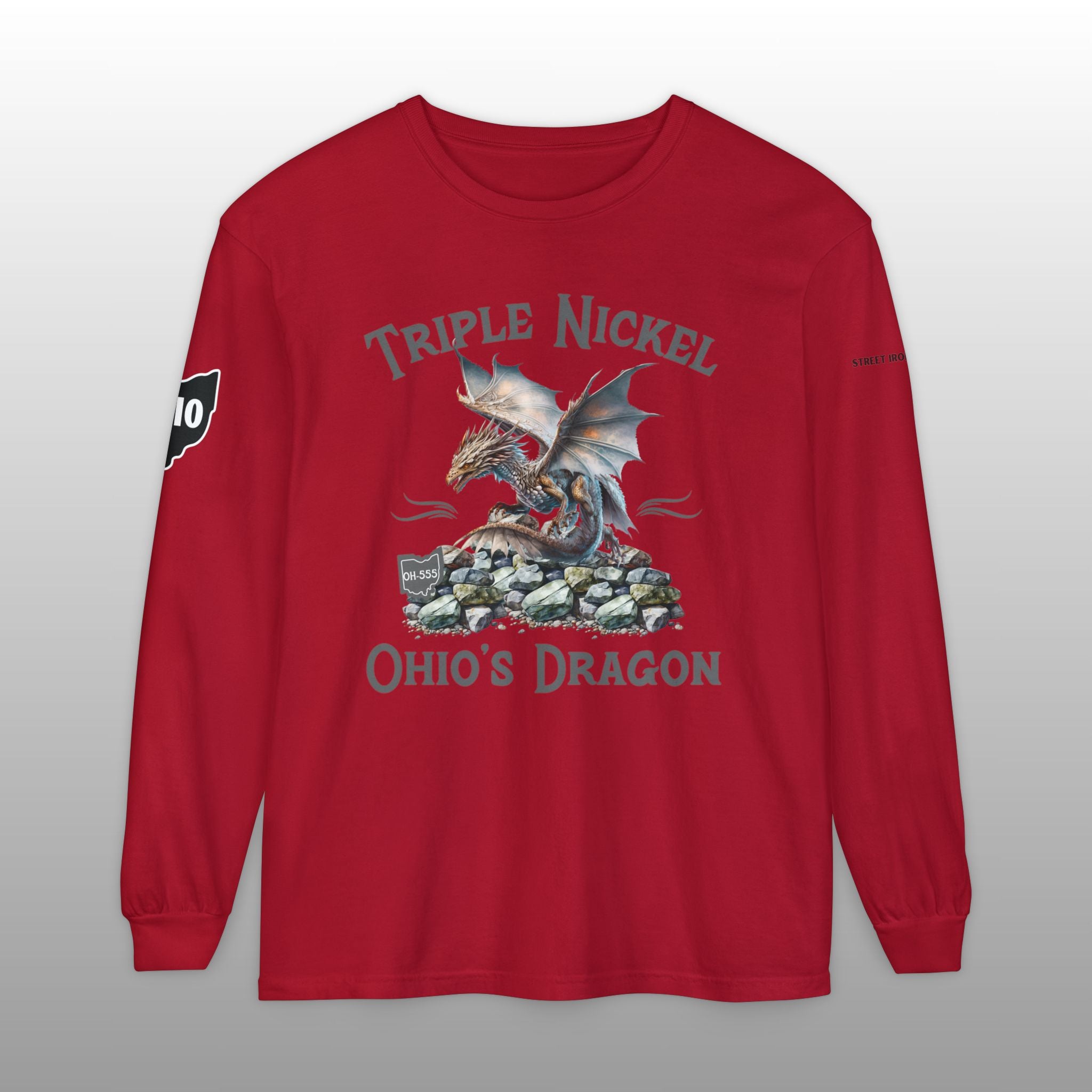 Red long-sleeve shirt with dragon graphic and 'Triple Nickel Ohio's Dragon' text on a gray background