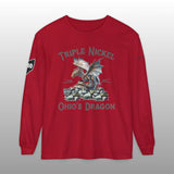 Red long-sleeve shirt with dragon graphic and 'Triple Nickel Ohio's Dragon' text on a gray background