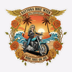 Daytona Bike Week logo with a woman on a motorcycle, sunset, and roses.