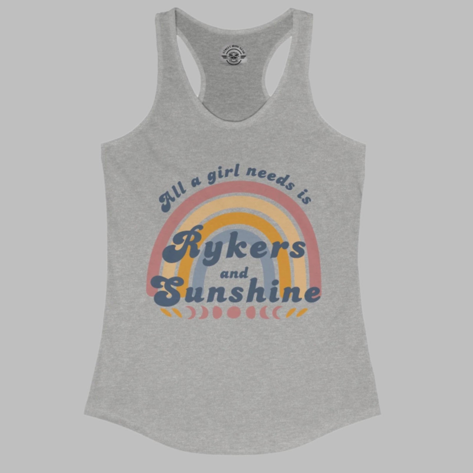 Gray tank top with rainbow design and text on a white background