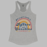 Gray tank top with rainbow design and text on a white background