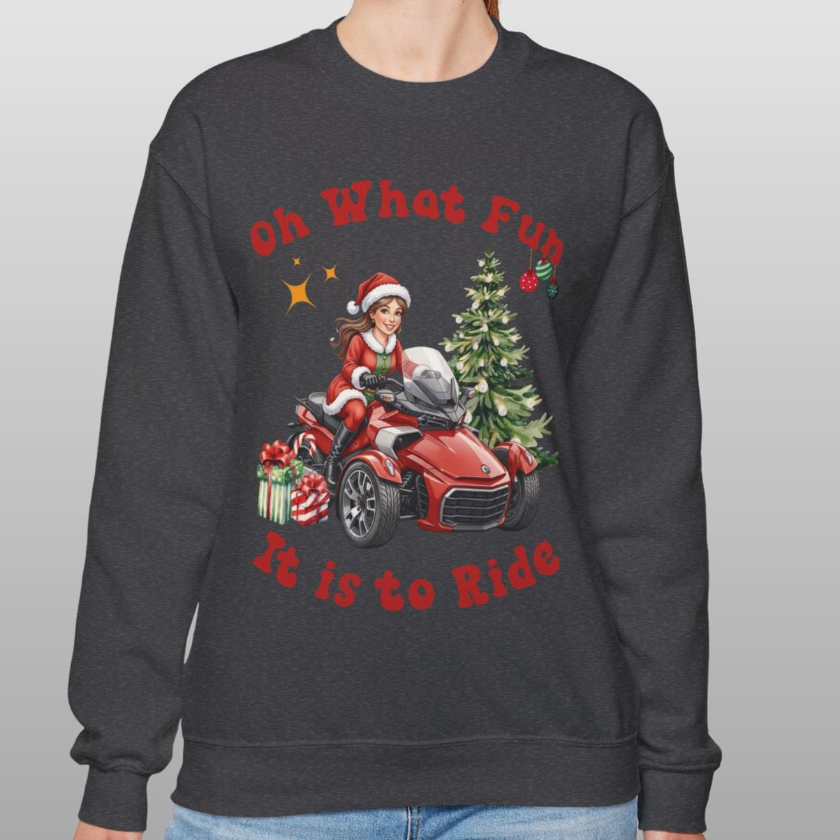 Person wearing a black sweatshirt with Christmas-themed design and text.