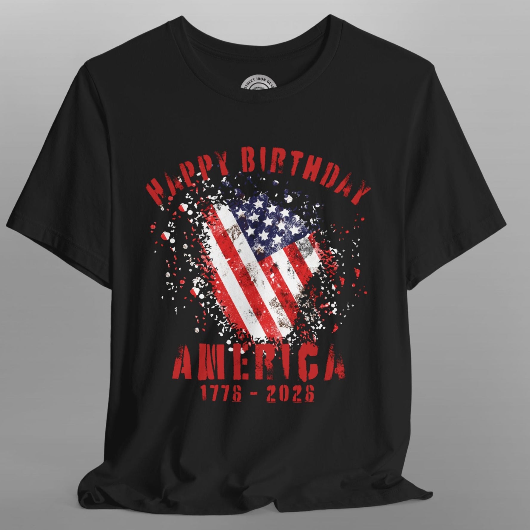 Black t-shirt with 'Happy Birthday America' graphic design featuring an American flag on a gray background