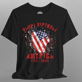 Black t-shirt with 'Happy Birthday America' graphic design featuring an American flag on a gray background