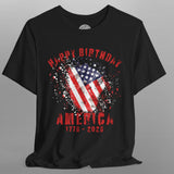 Black t-shirt with 'Happy Birthday America' graphic design featuring an American flag on a gray background