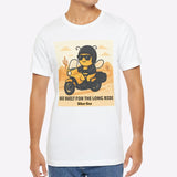 Man wearing a white t-shirt with a graphic design of a bear on a motorcycle.