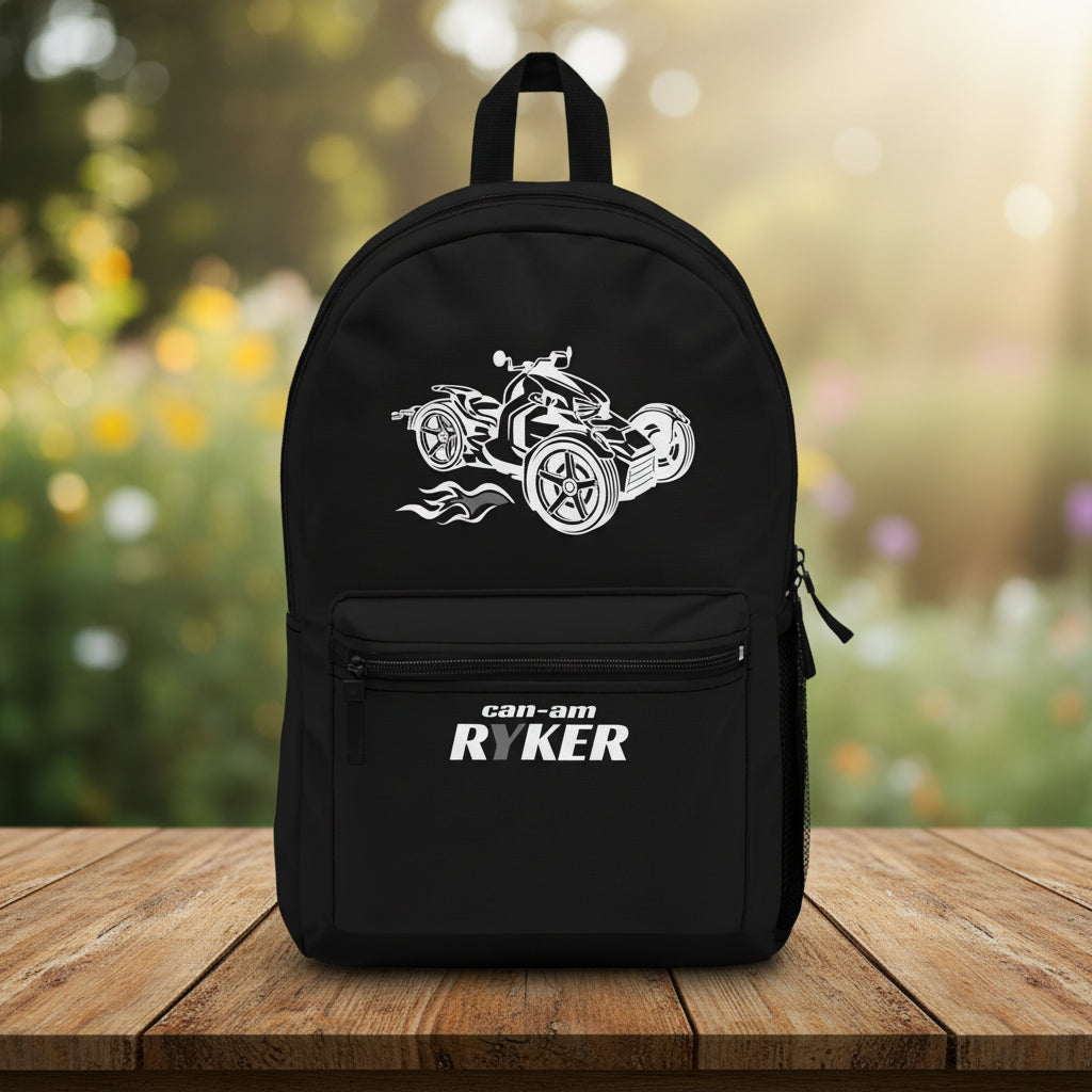Black backpack with Can-Am Ryker graphic on a white background