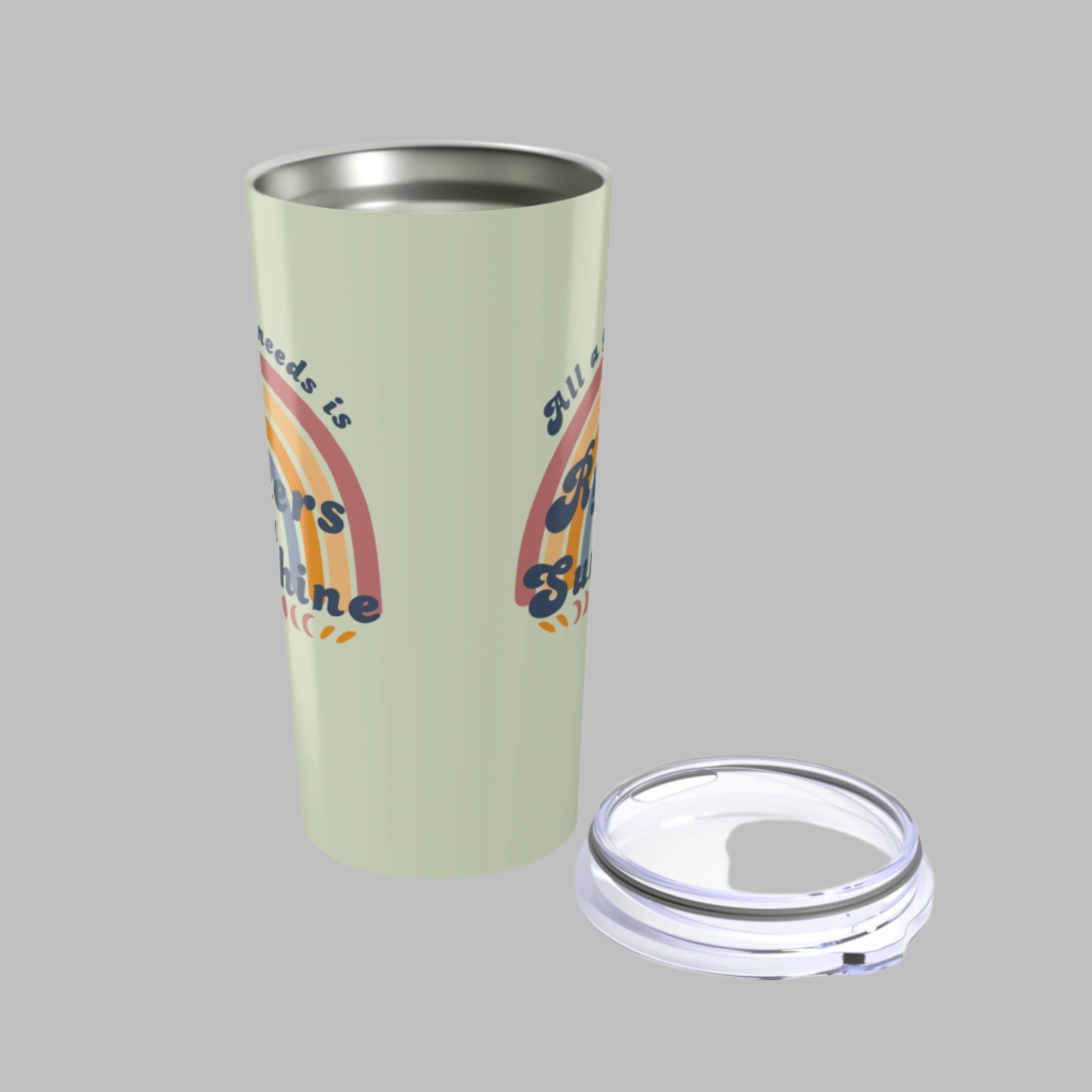 Light green tumbler with rainbow design and text on a white background