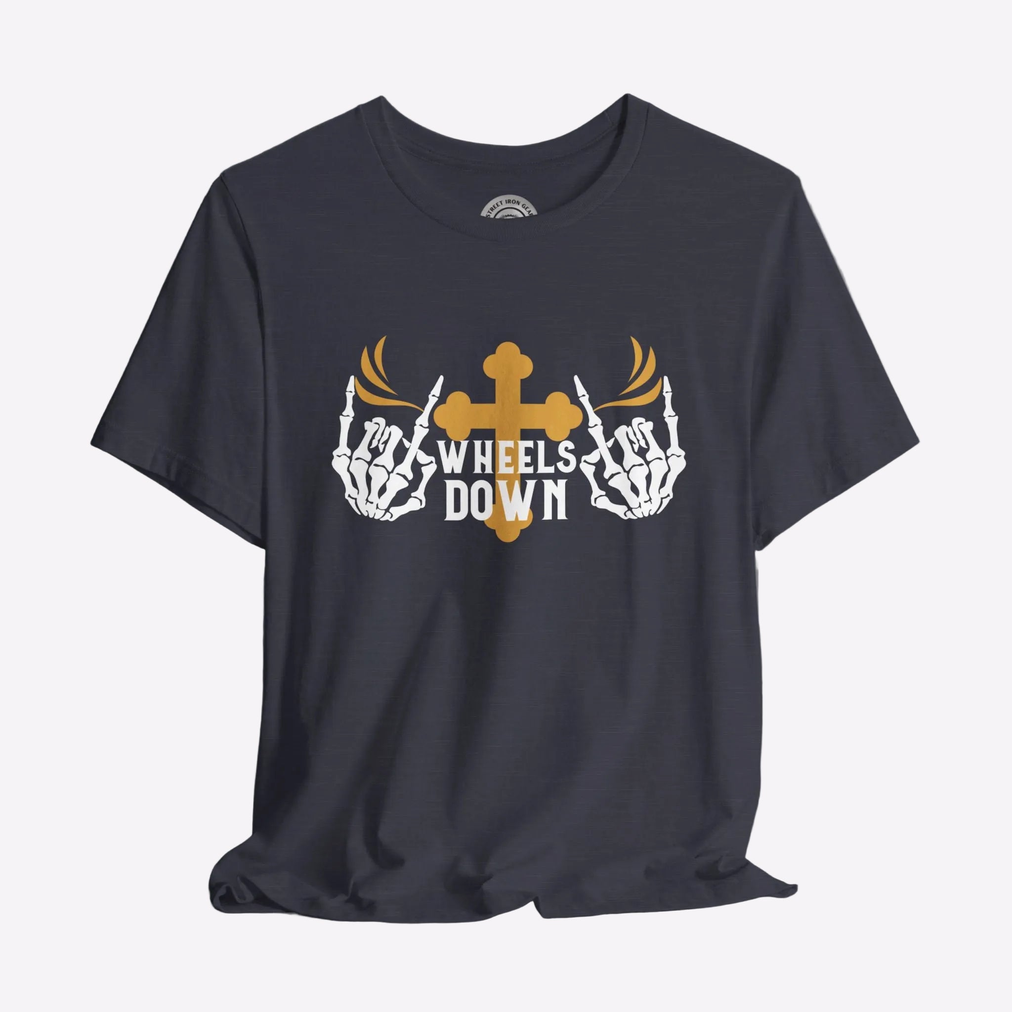 A black crew neck t-shirt with a graphic print of skeleton hands, a gold cross, and the text 'Wheels Down'.