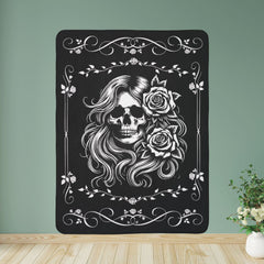 Lady Biker Skull Rose Sherpa Fleece Blanket