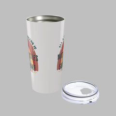 White tumbler with colorful design on a white background