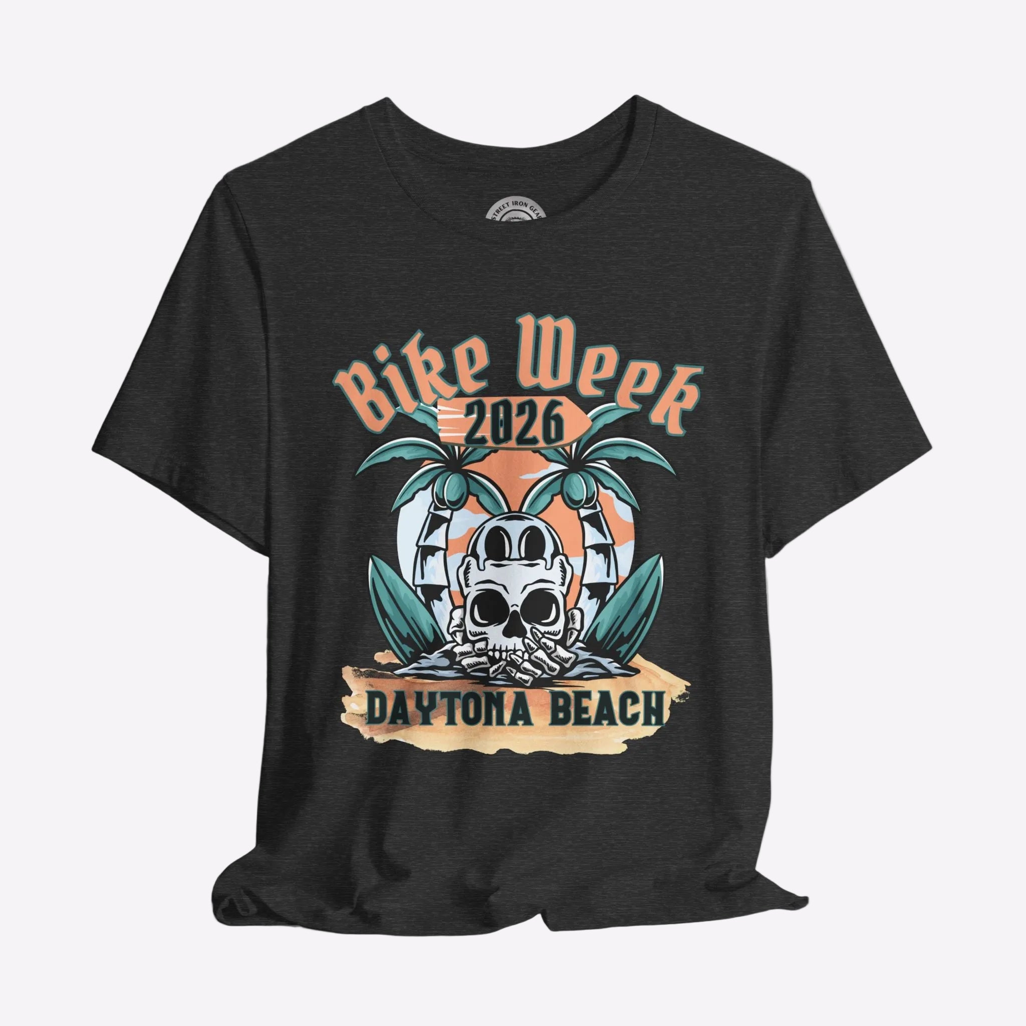 Black t-shirt with 'Bike Week 2026 Daytona Beach' graphic design on a gray background