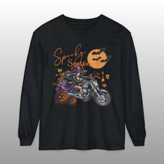Spooky Season Biker Witch Halloween Long Sleeve Crew Neck TShirt