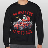Person wearing a black sweatshirt with Santa Claus in a car graphic and text on a gray background
