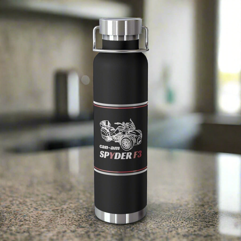 Black water bottle with Can-Am Spyder F3 logo on a white background