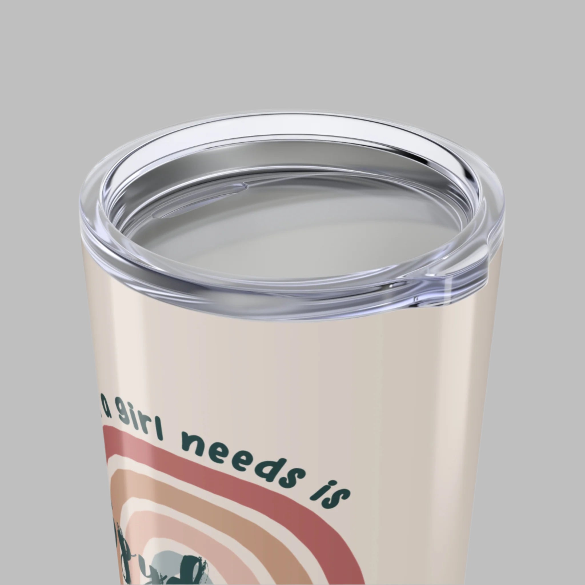 Tumbler with a colorful design and text on a white background