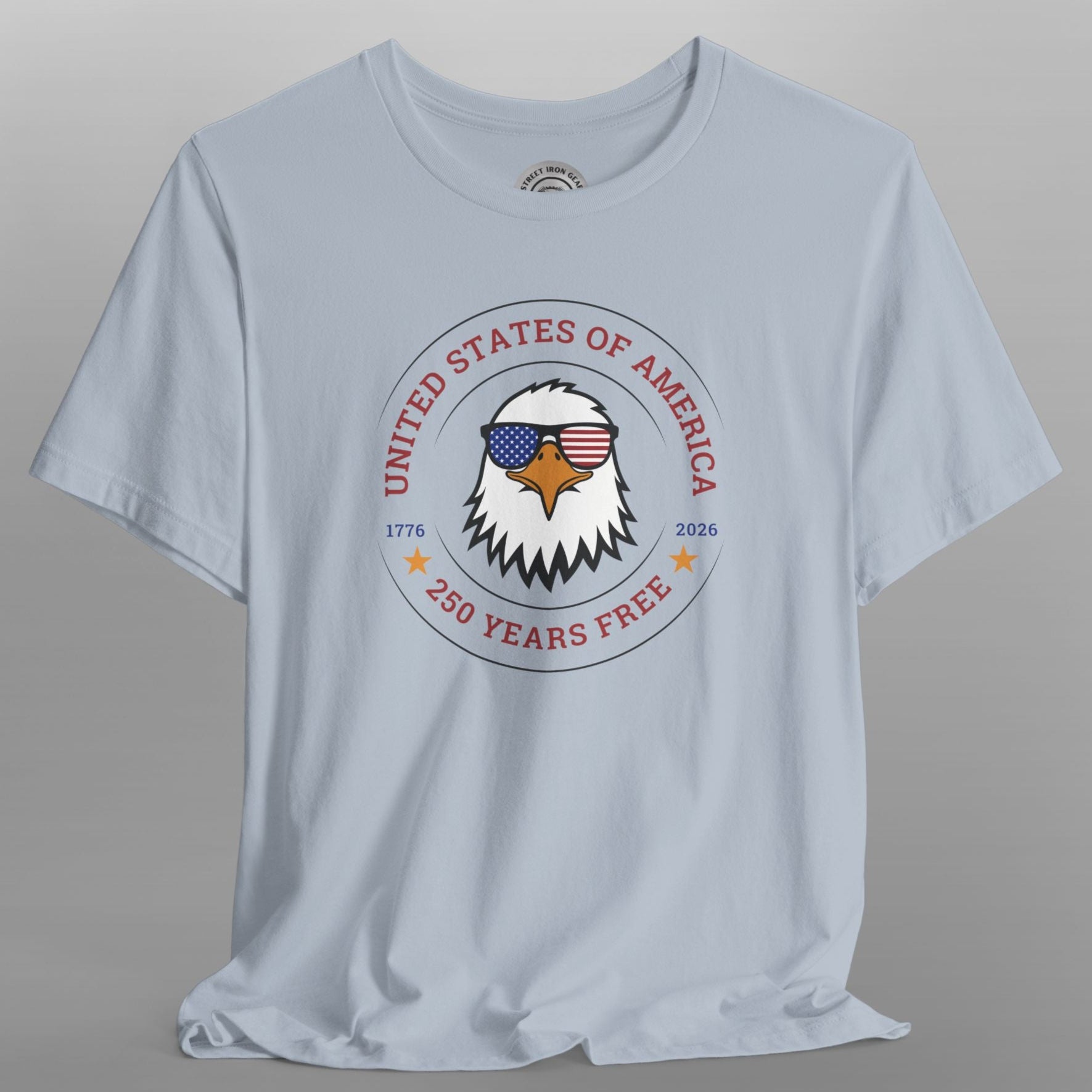 Light blue t-shirt with an eagle graphic and text on a gray background