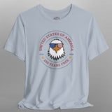 Light blue t-shirt with an eagle graphic and text on a gray background