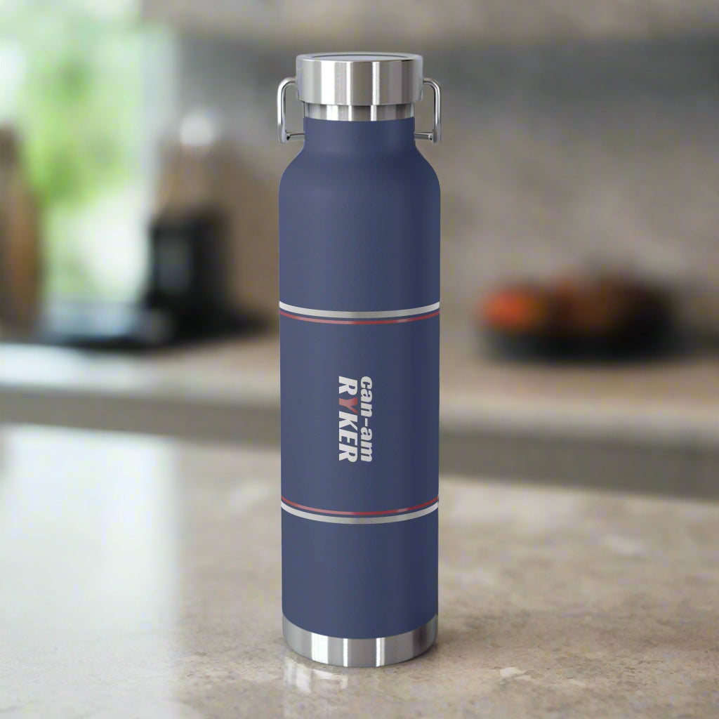 Blue insulated bottle with silver lid and handle on a white background