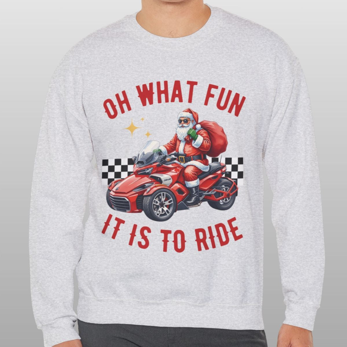 Person wearing a gray sweatshirt with a graphic design and text on a plain background