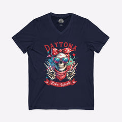 Daytona Bike Week 2026 Women's V-Neck | Hipster Skull & Bow Tee