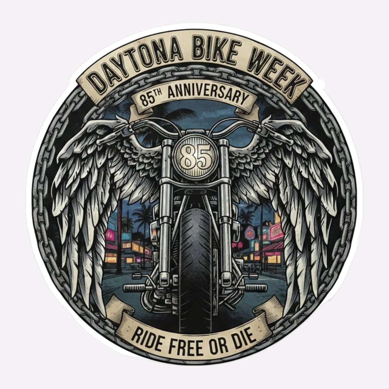 Daytona Bike Week 85th Anniversary badge with motorcycle and wings design on a white background