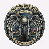 Daytona Bike Week 85th Anniversary badge with motorcycle and wings design on a white background