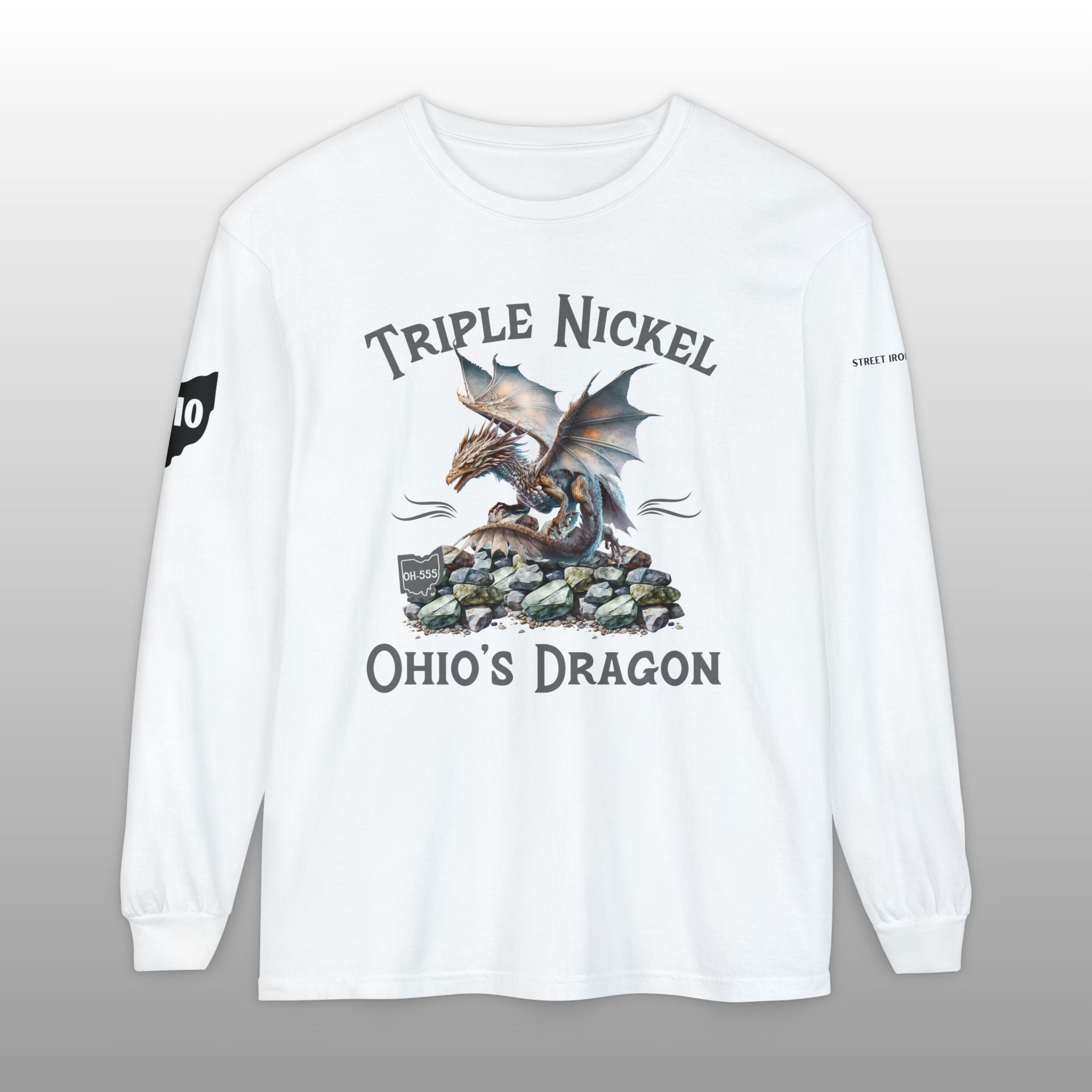 White long-sleeve shirt with 'Triple Nickel Ohio's Dragon' graphic on a gray background