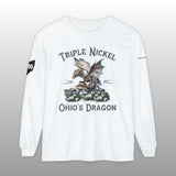 White long-sleeve shirt with 'Triple Nickel Ohio's Dragon' graphic on a gray background