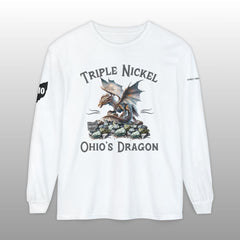 White long-sleeve shirt with 'Triple Nickel Ohio's Dragon' graphic on a gray background