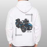 Person wearing a white hoodie with a car graphic on the back against a gray background