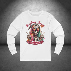 Ladies Daytona Bike Week 2025 Hipster Skull Long Sleeve Crew Neck TShirt