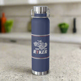Blue water bottle with 'can am Ryker' branding on a white background