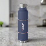 Blue water bottle with silver lid and accents on a white background